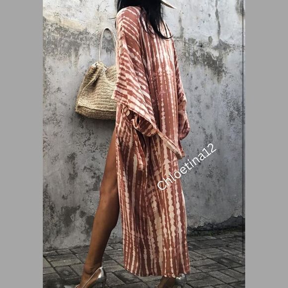 NEW Rusted Red Open Front Long Kimono Duster Loose Swimsuit Beach Cover up - Picture 6 of 8
